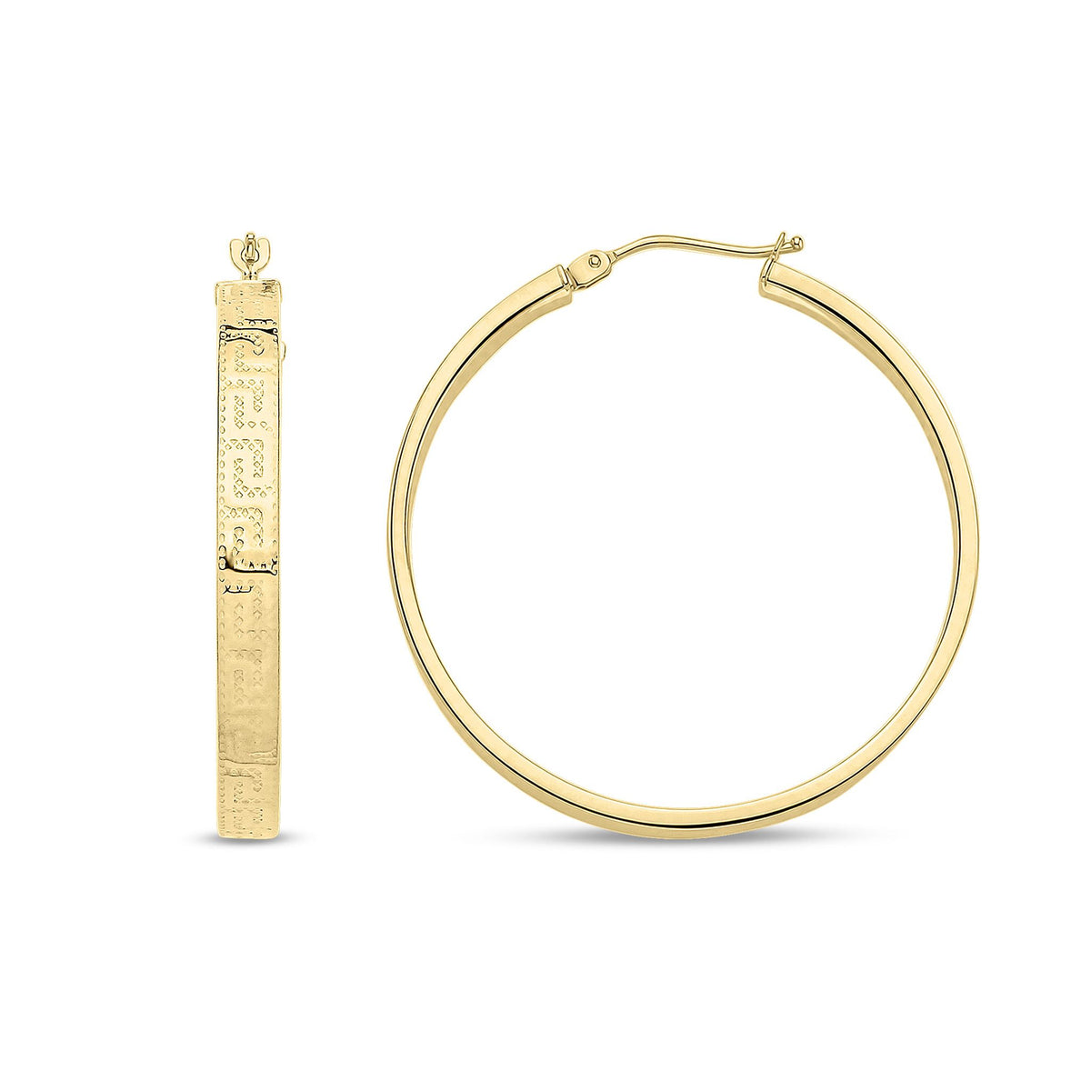 9ct Yellow Gold Round Greek Key Hoop Earrings — 35mm