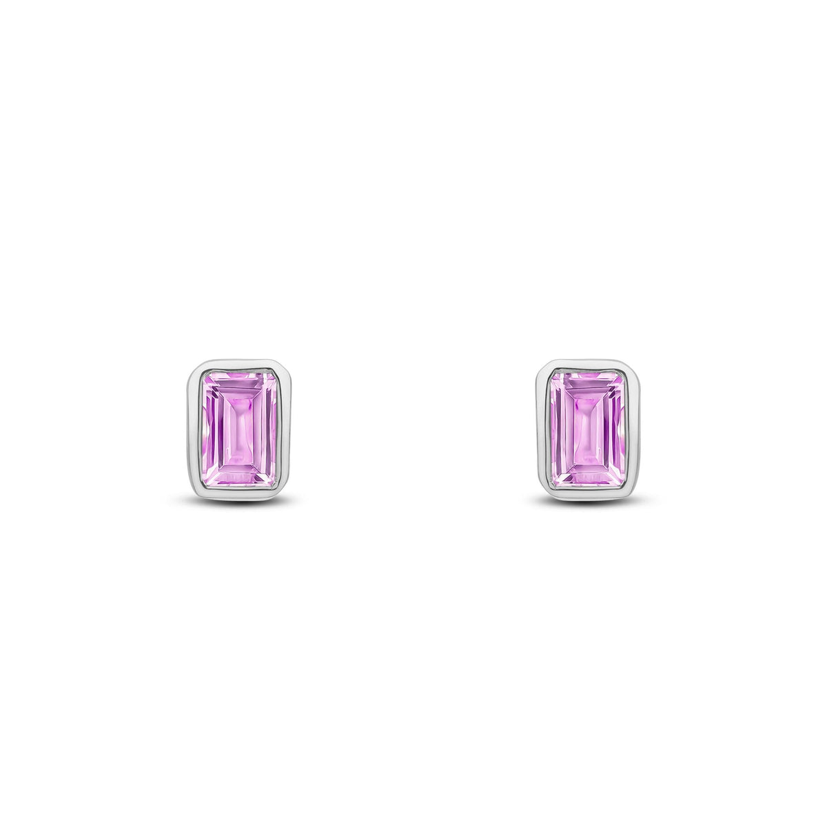 9ct White Gold Octagonal Emerald Cut Natural Pink Sapphire Rubover Stud Earrings — 5x3mm