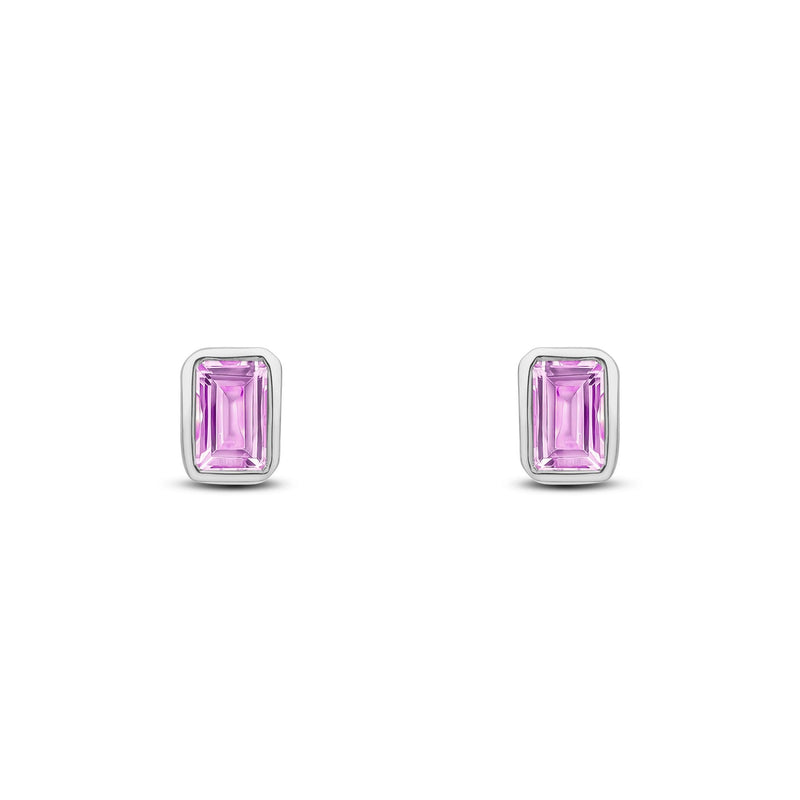 9ct White Gold Octagonal Emerald Cut Natural Pink Sapphire Rubover Stud Earrings — 5x3mm