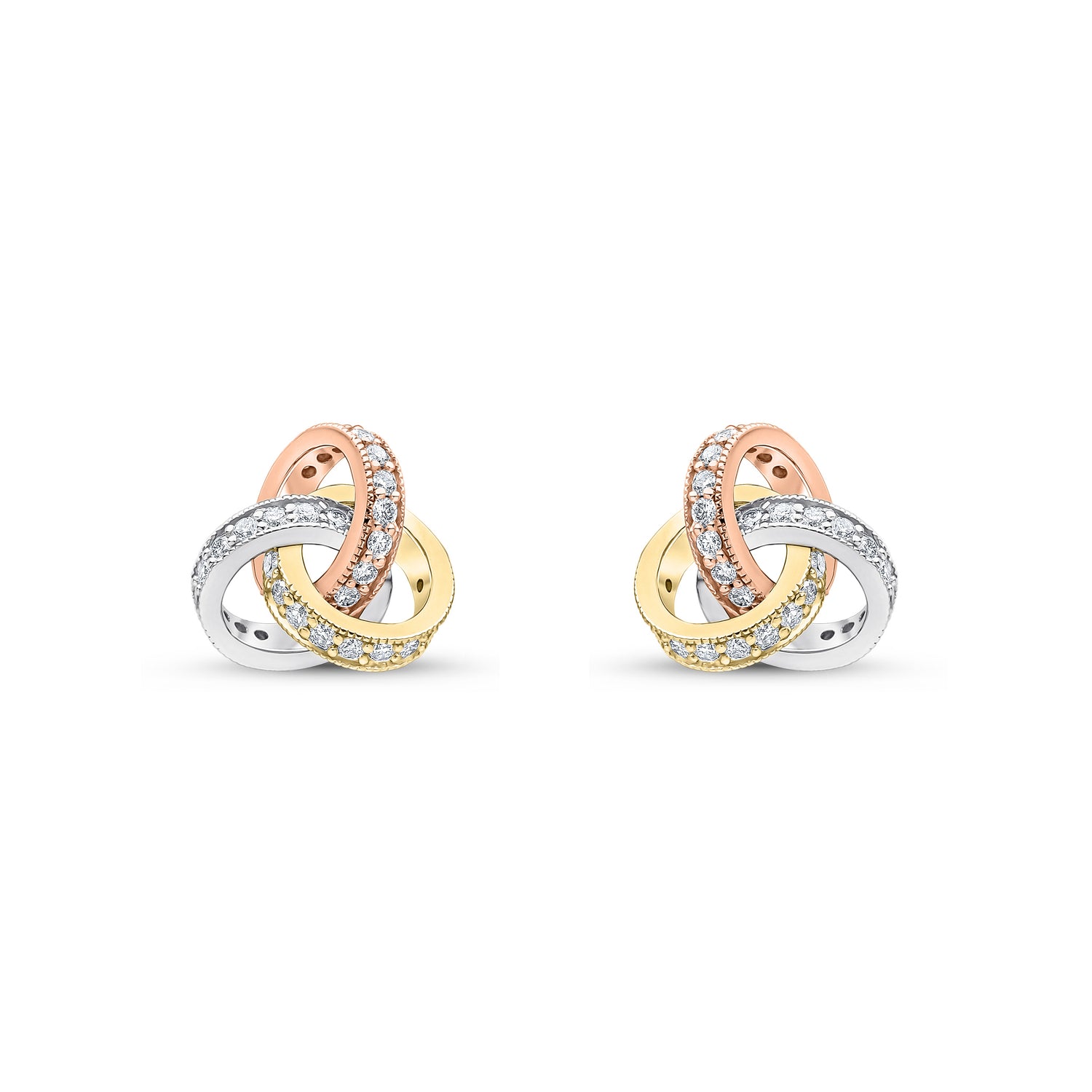 18ct Yellow, White and Rose Gold Round Natural Diamond Grain Set Knot Stud Earrings