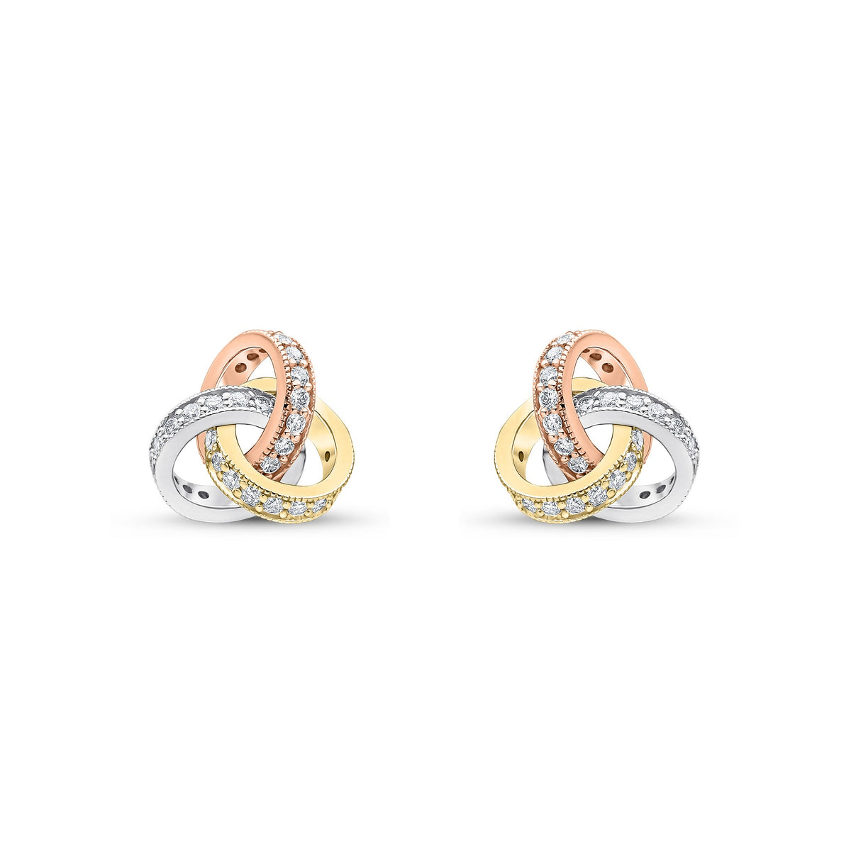 18ct Yellow, White and Rose Gold Round Natural Diamond Grain Set Knot Stud Earrings —10.5mm