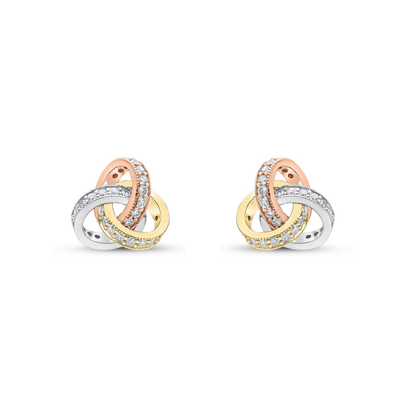 18ct Yellow, White and Rose Gold Round Natural Diamond Grain Set Knot Stud Earrings —10.5mm