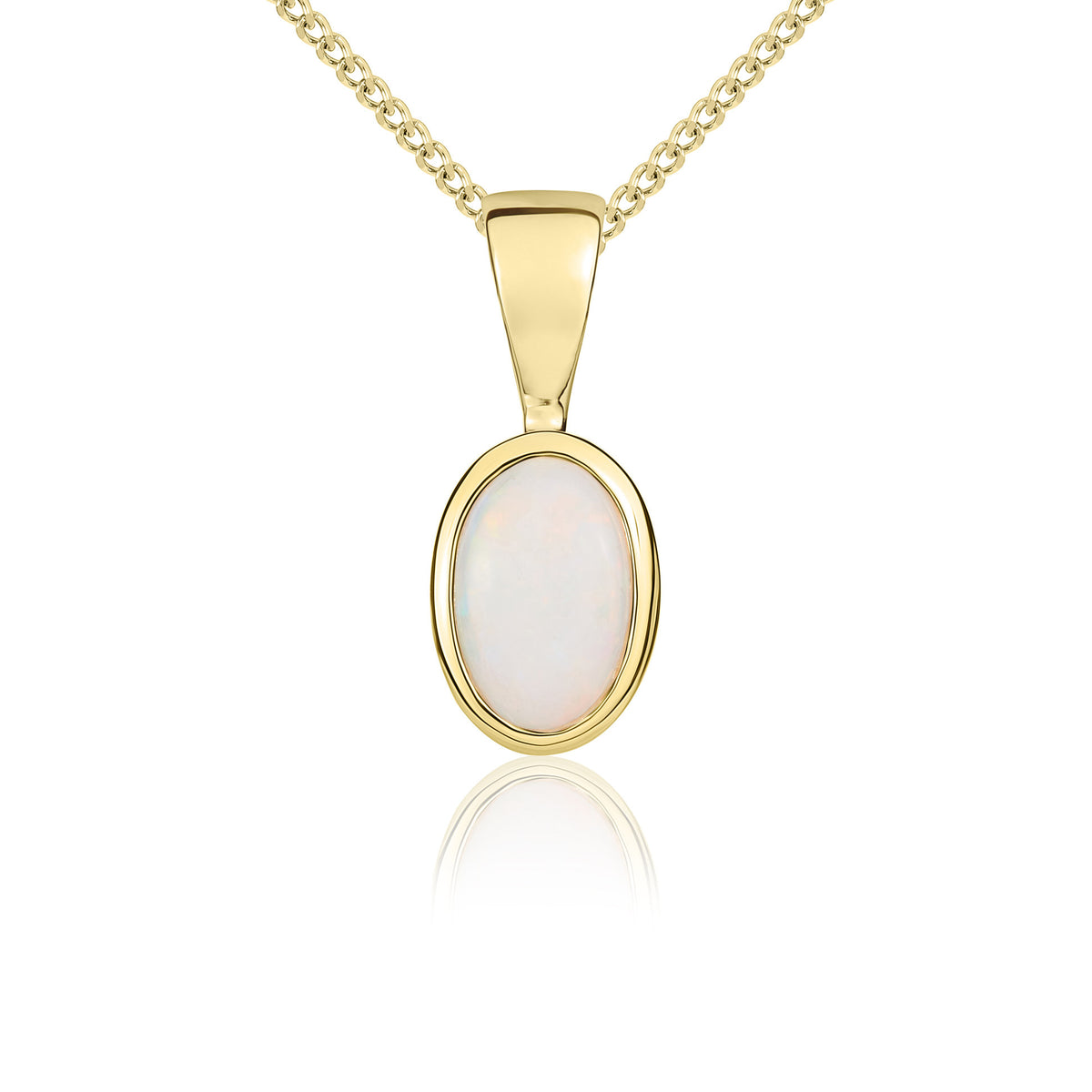 9ct Yellow Gold Oval Natural Opal Rubover Pendant — 6x4mm