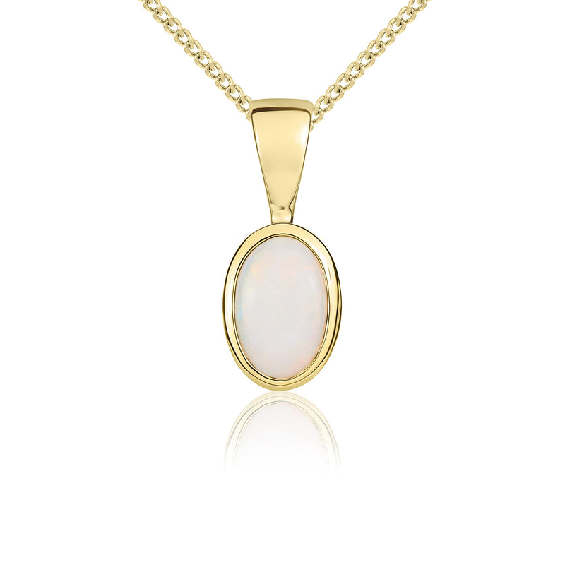 9ct Yellow Gold Oval Natural Opal Rubover Pendant — 6x4mm