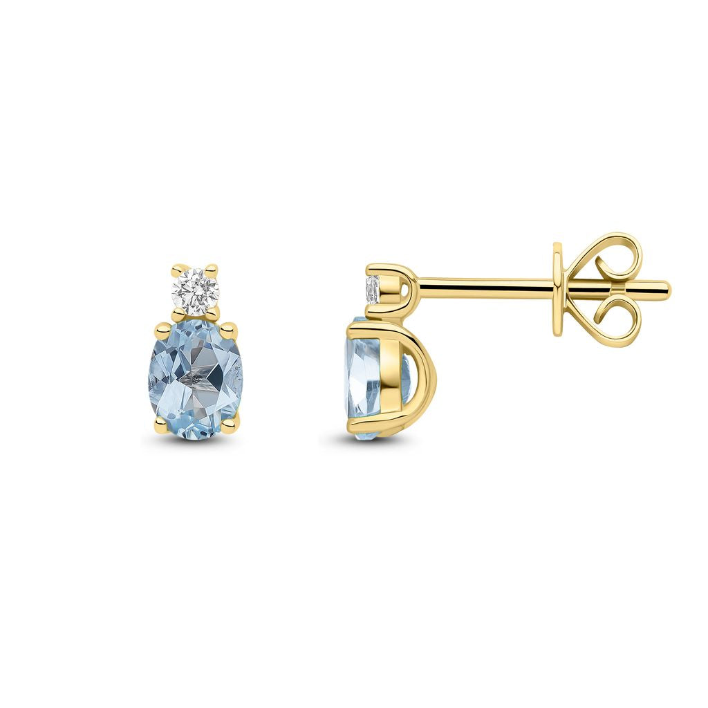 18ct Yellow Gold Oval Natural Aquamarine and Round Diamond Two Stone Stud Earrings — 5x4mm