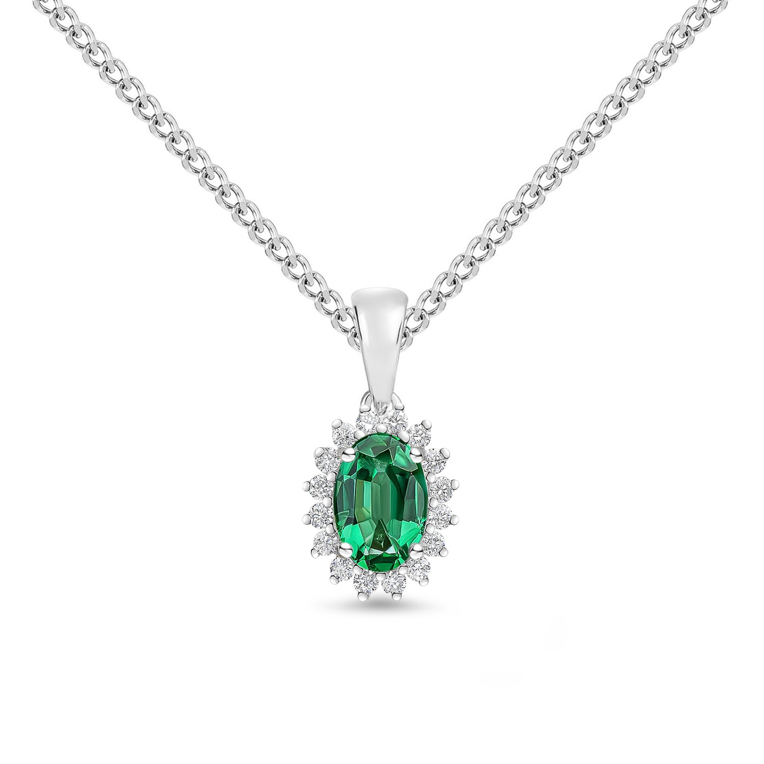 18ct White Gold Oval Natural Emerald and Round Diamond Claw Set Cluster Pendant — 6x4mm