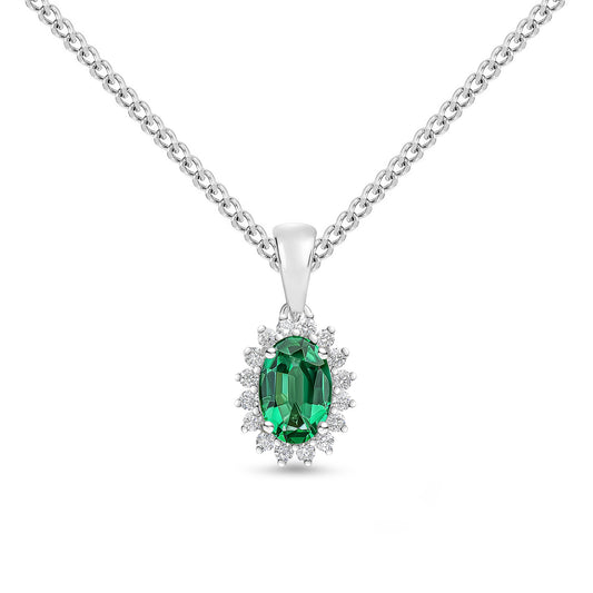 18ct White Gold Oval Natural Emerald and Round Diamond Claw Set Cluster Pendant — 6x4mm
