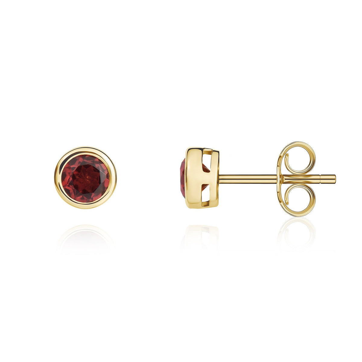 9ct Yellow Gold Round Natural Garnet Rubover Stud Earrings — 4mm