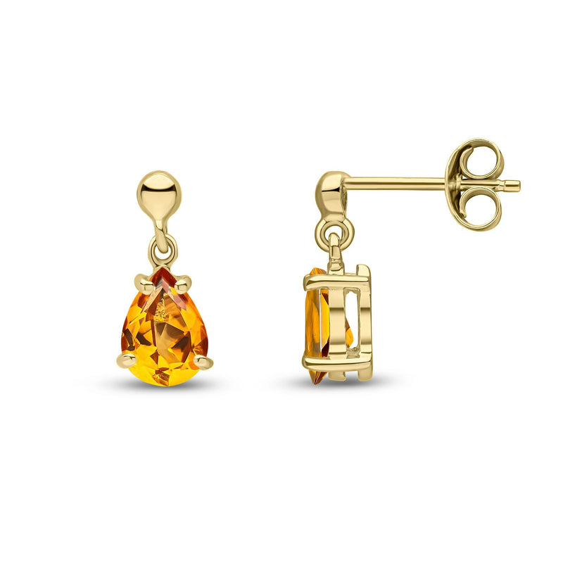 9ct Yellow Gold Pear Shaped Natural Citrine Claw Drop Earrings — 7x5mm