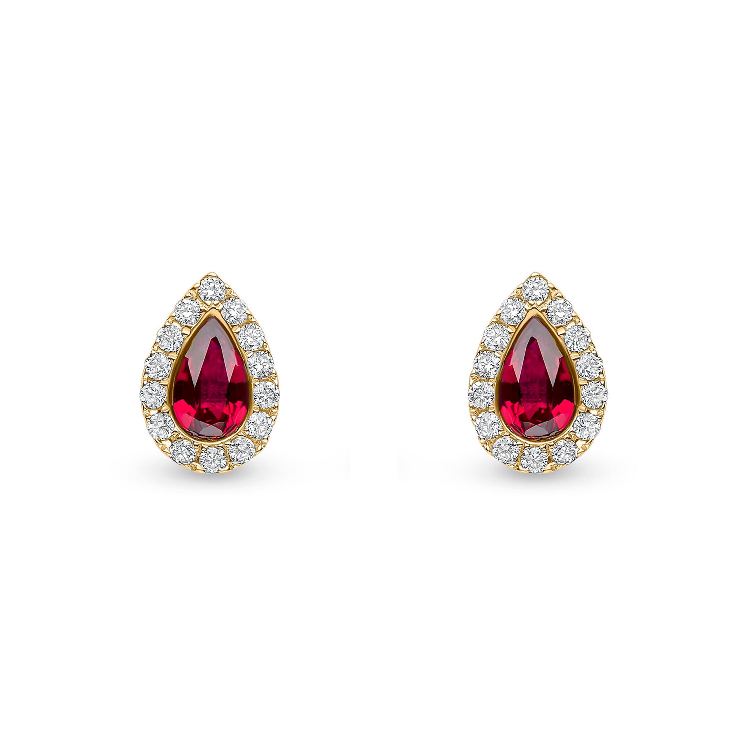 18ct Yellow Gold Pear Shaped Natural Ruby and Diamond Cluster Stud Earrings — 5x3mm