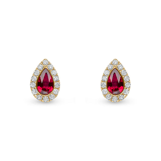 18ct Yellow Gold Pear Shaped Natural Ruby and Diamond Cluster Stud Earrings — 5x3mm