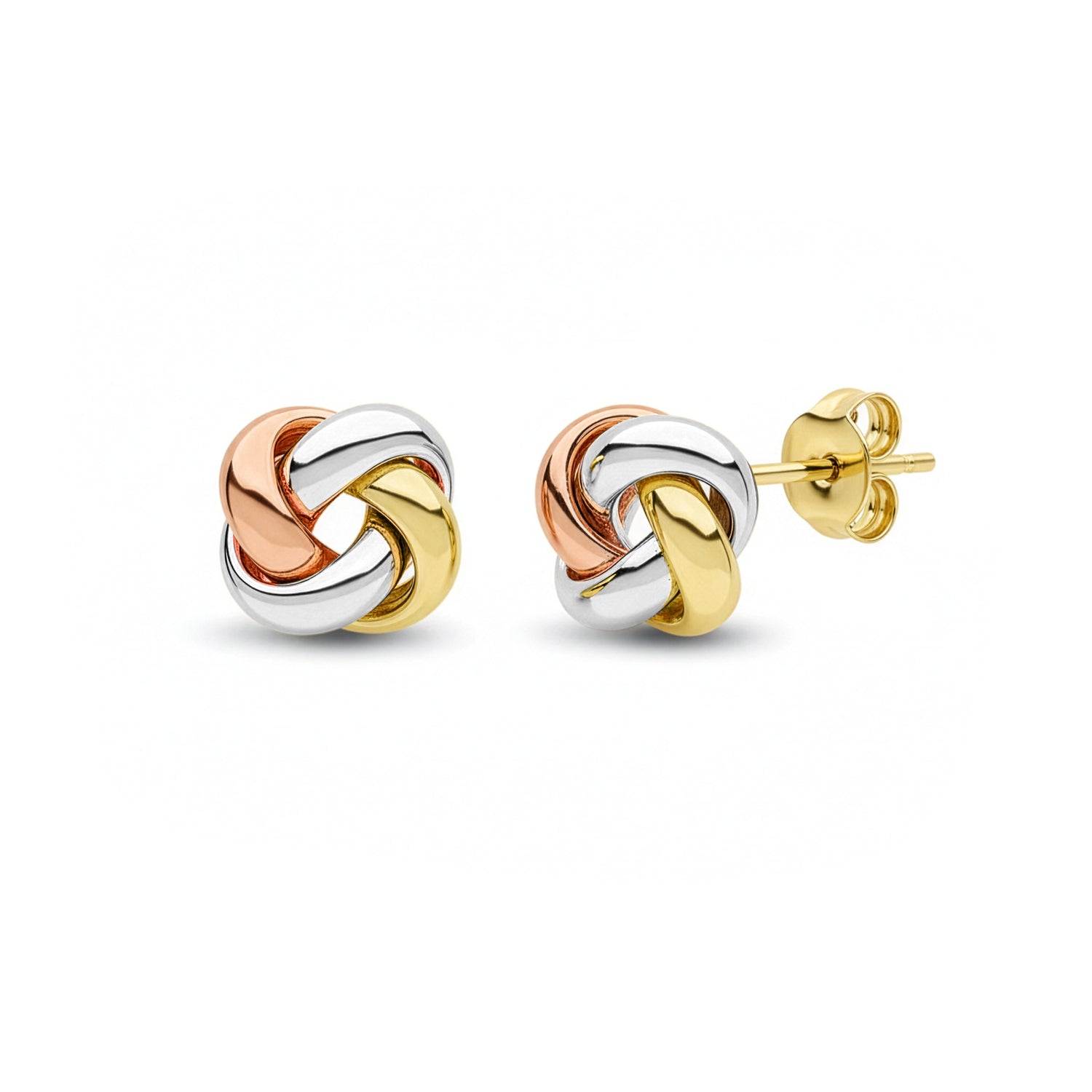 18ct Three Tone Yellow, White and Rose Gold Polished 4 Strand Knot Stud Earrings — 8mm