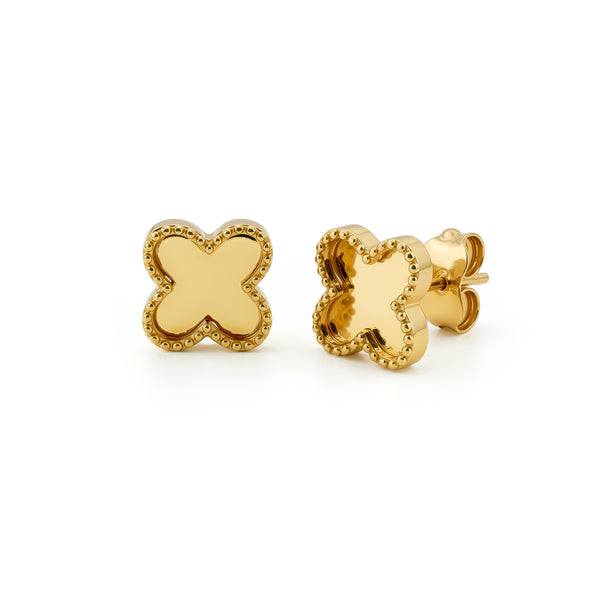 9ct Yellow Gold Beaded Edge Clover Stud Earrings — 8mm