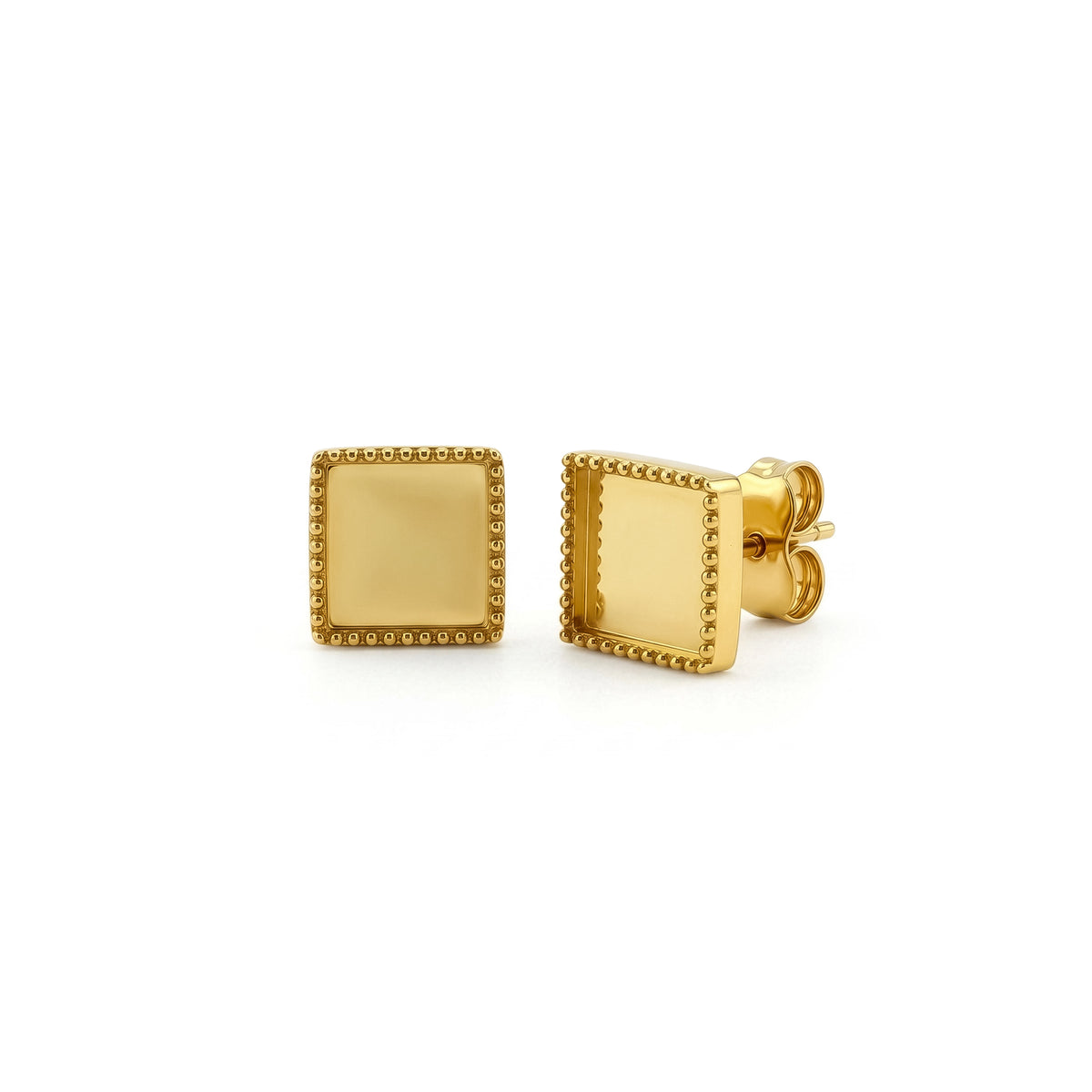 9ct Yellow Gold Beaded Edge Square Stud Earrings — 8x8mm