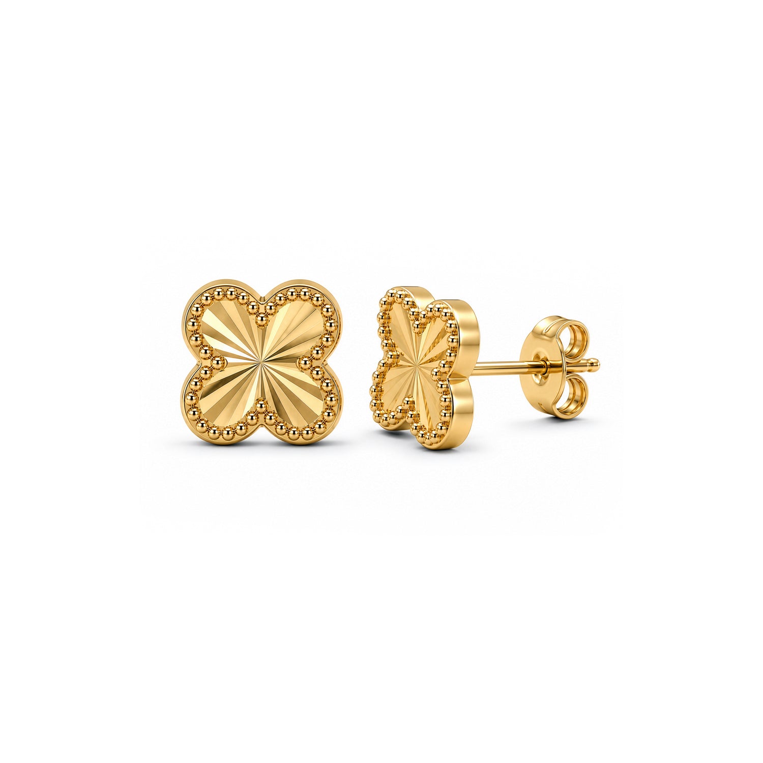 9ct Yellow Gold Diamond Cut Beaded Edge Clover Stud Earrings —8.2mm