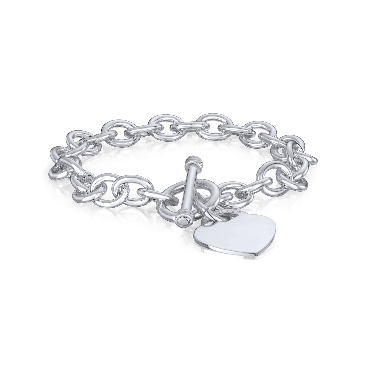 Sterling Silver 8mm Handmade Cable Bracelet with T-Bar and Heart Charm