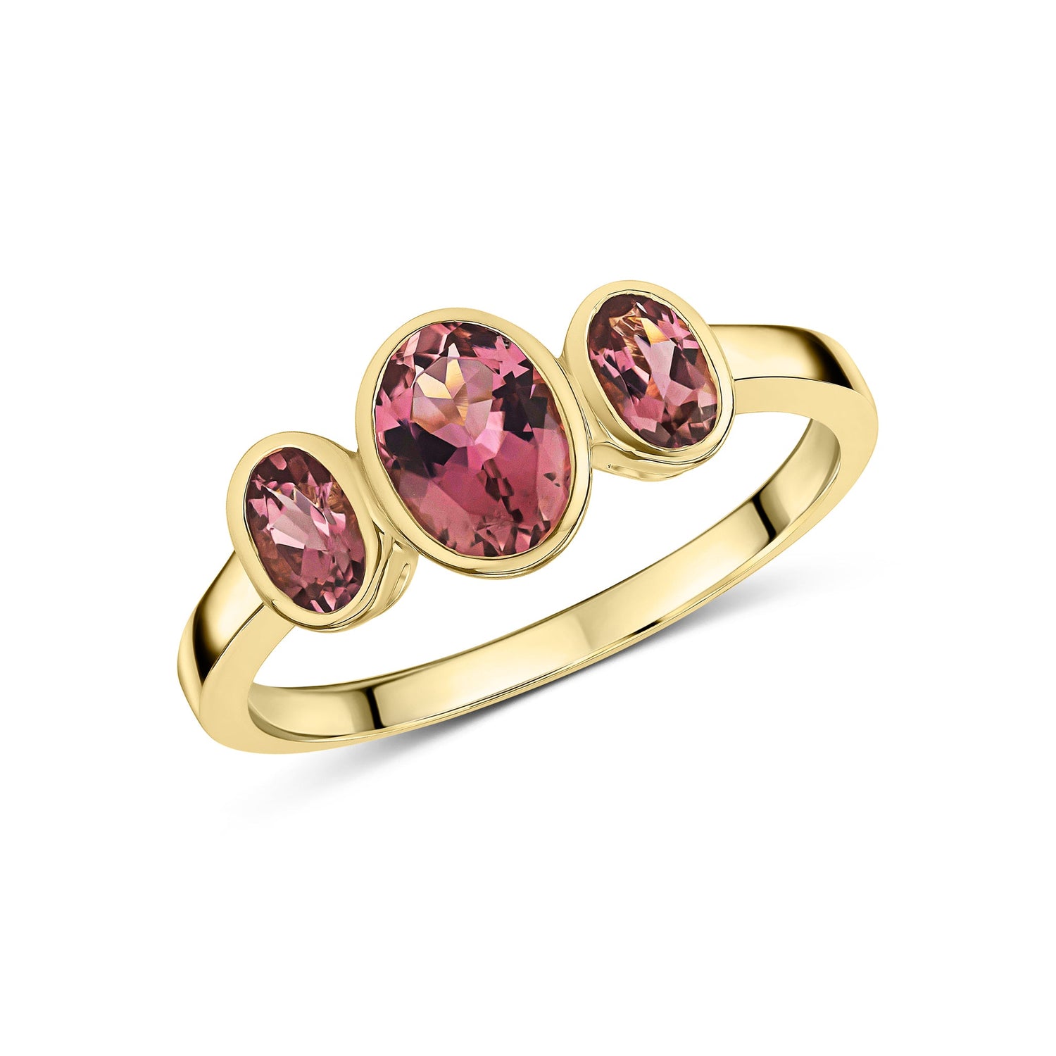 9ct Yellow Gold Oval Natural Pink Tourmaline Rubover Three Stone Ring — 7x5mm