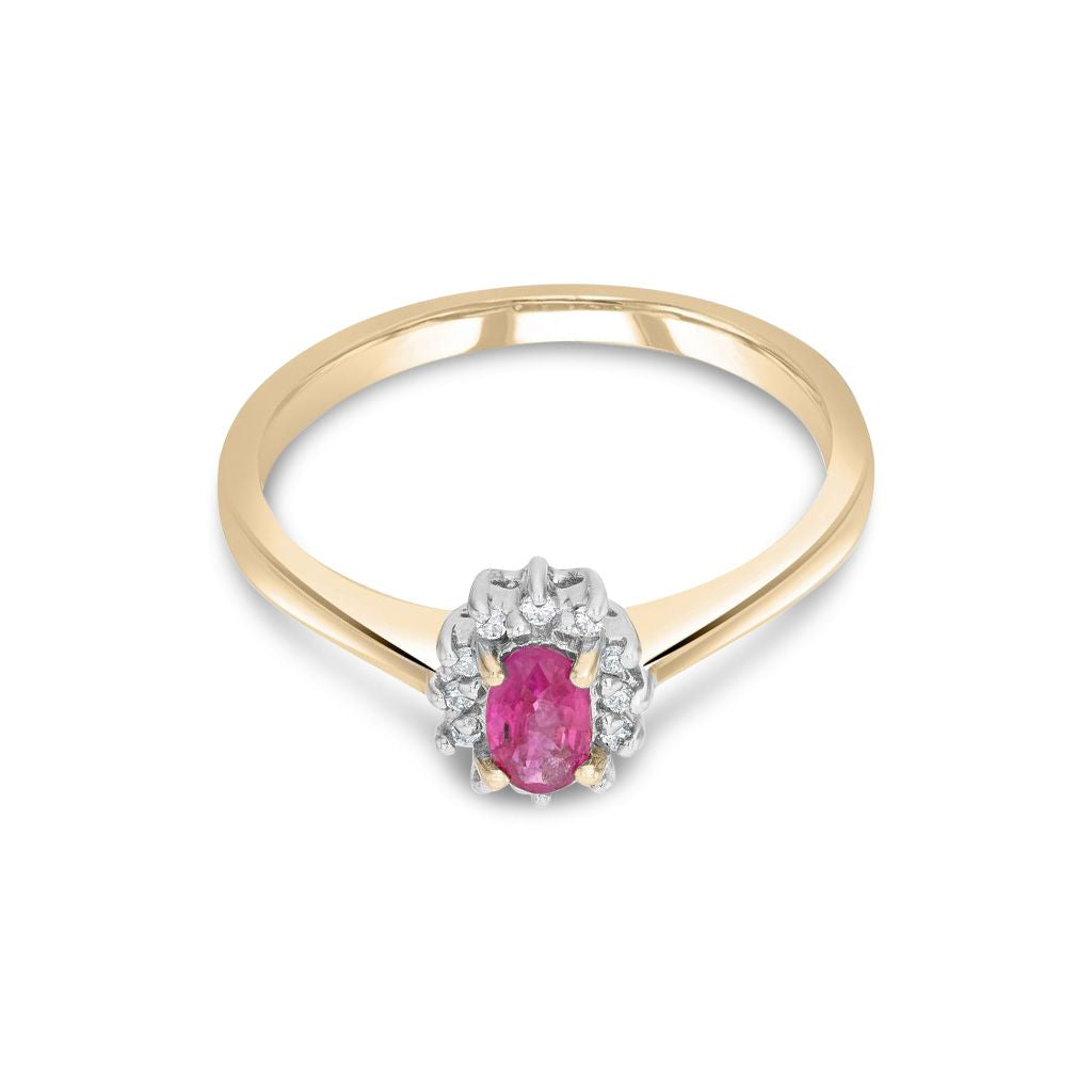 9ct Yellow Gold Oval Natural Ruby and Diamond Claw Set Cluster Ring — 5x3mm
