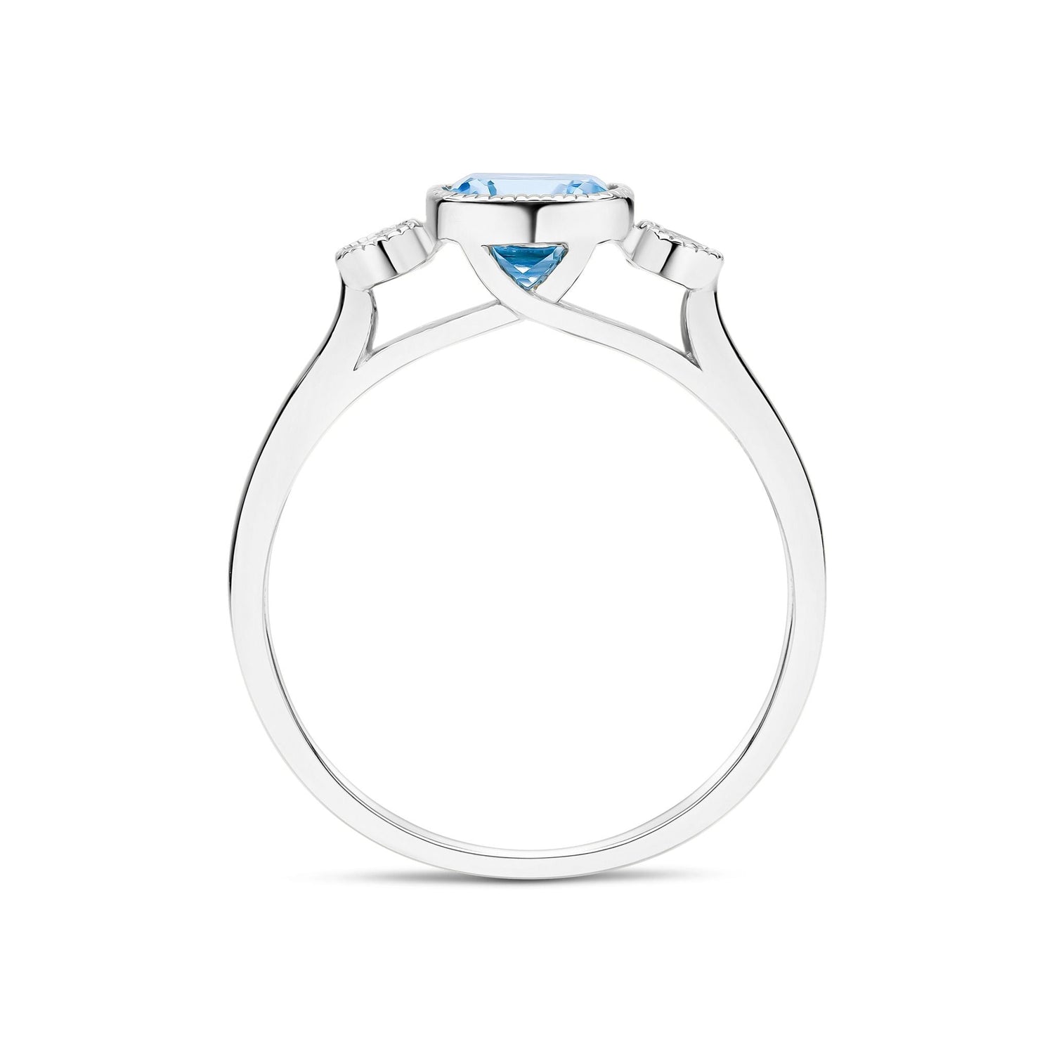 9ct White Gold Cushion Natural Aquamarine and Round Diamond Millegrain Set Three Stone Ring — 6mm
