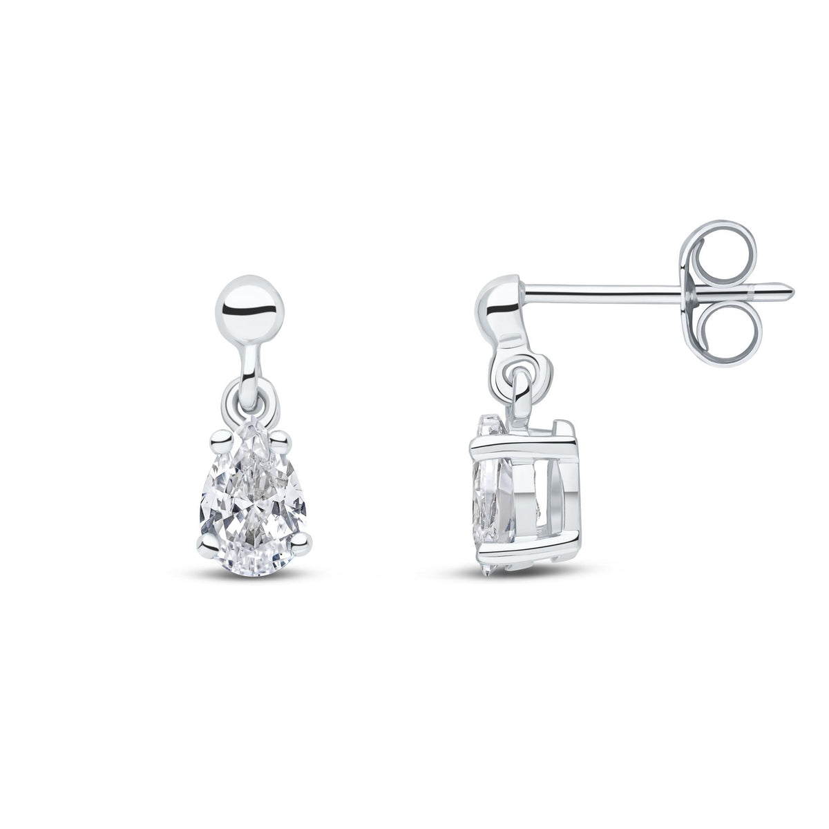 9ct White Gold Pear Shaped Cubic Zirconia CZ Claw Drop Earrings — 6x4mm