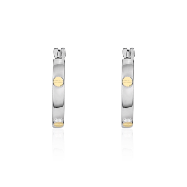 9ct White Gold Square Profile Hoop Earrings with Yellow Gold Screw Motifs — 18mm