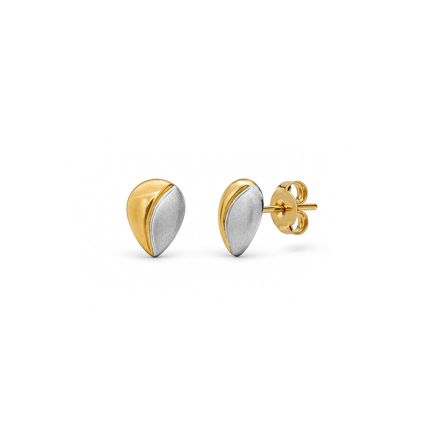 9ct Two Tone Yellow and White Gold Polished And Satin Finish Pear Shaped Stud Earrings