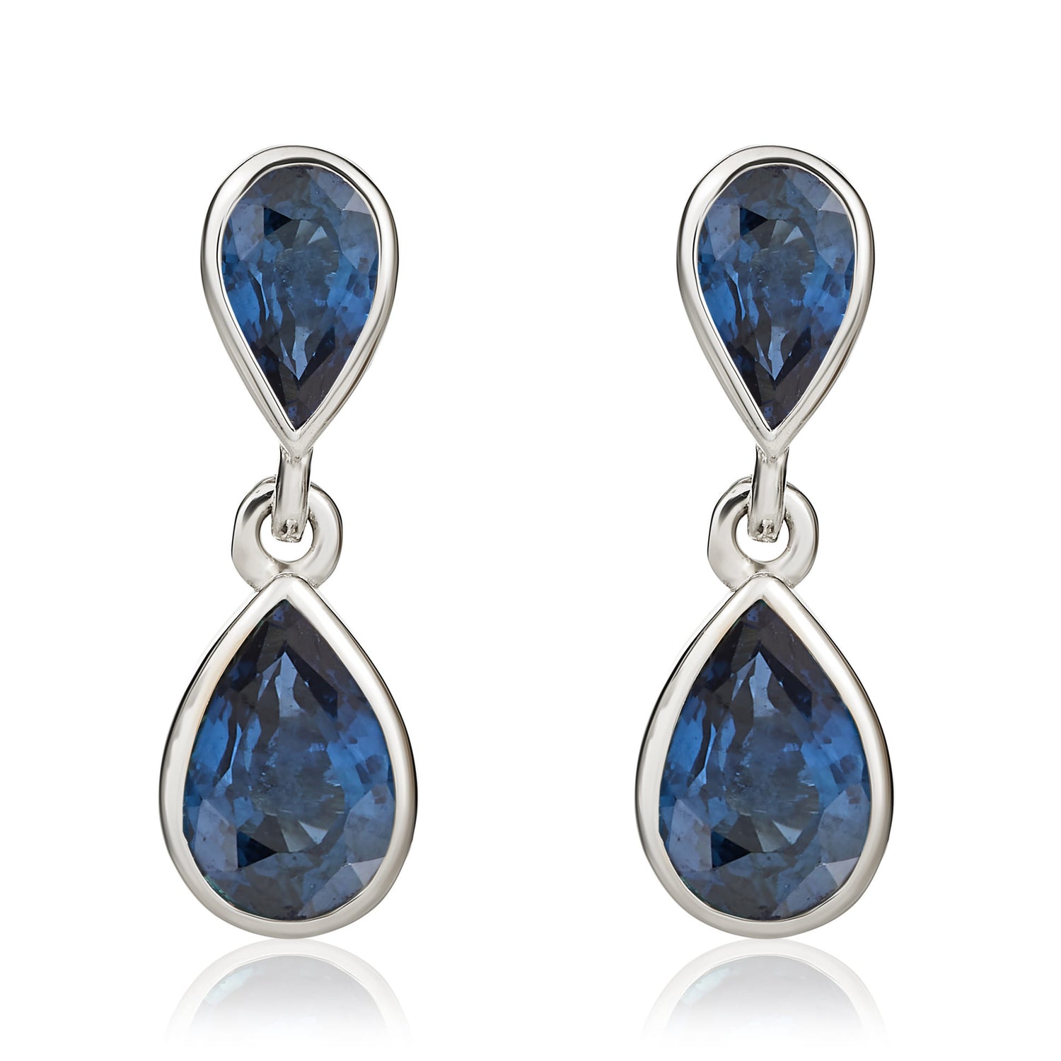 9ct White Gold Pear Shaped Natural Blue Sapphire Two Stone Rubover Drop Earrings