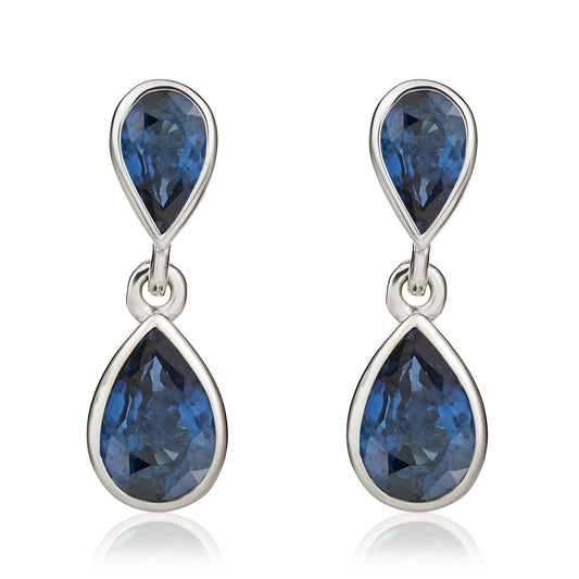 9ct White Gold Pear Shaped Natural Blue Sapphire Two Stone Rubover Drop Earrings