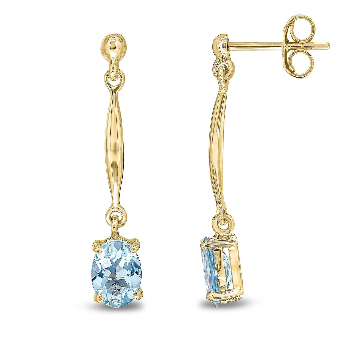9ct Yellow Gold Oval Natural Aquamarine Claw Bar Drop Earrings — 7x5mm