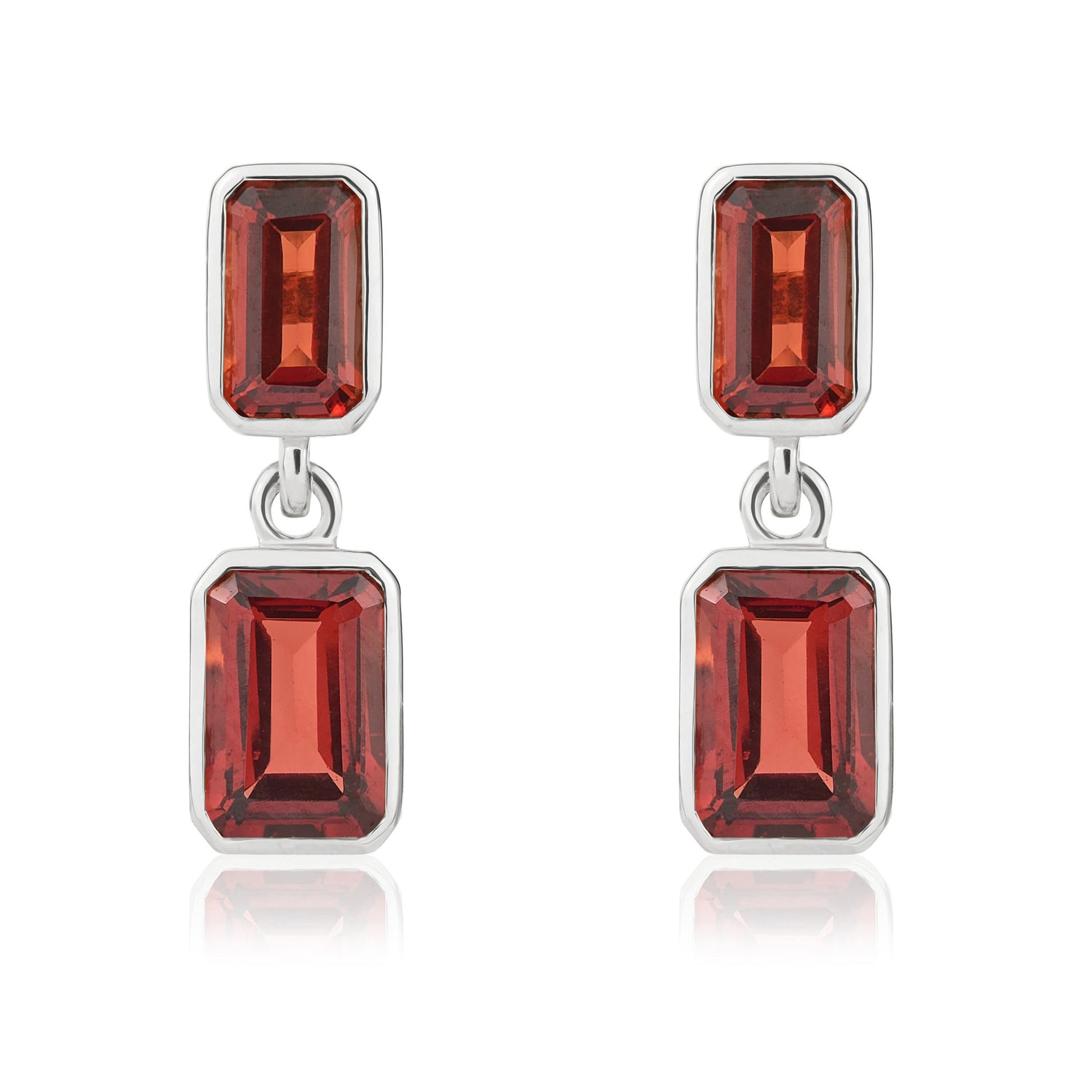 9ct White Gold Octagonal Emerald Cut Natural Garnet Double Stone Rubover Drop Earrings