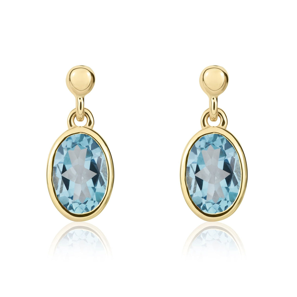9ct Yellow Gold Oval Natural Swiss Blue Topaz Rubover Drop Earrings — 7x5mm