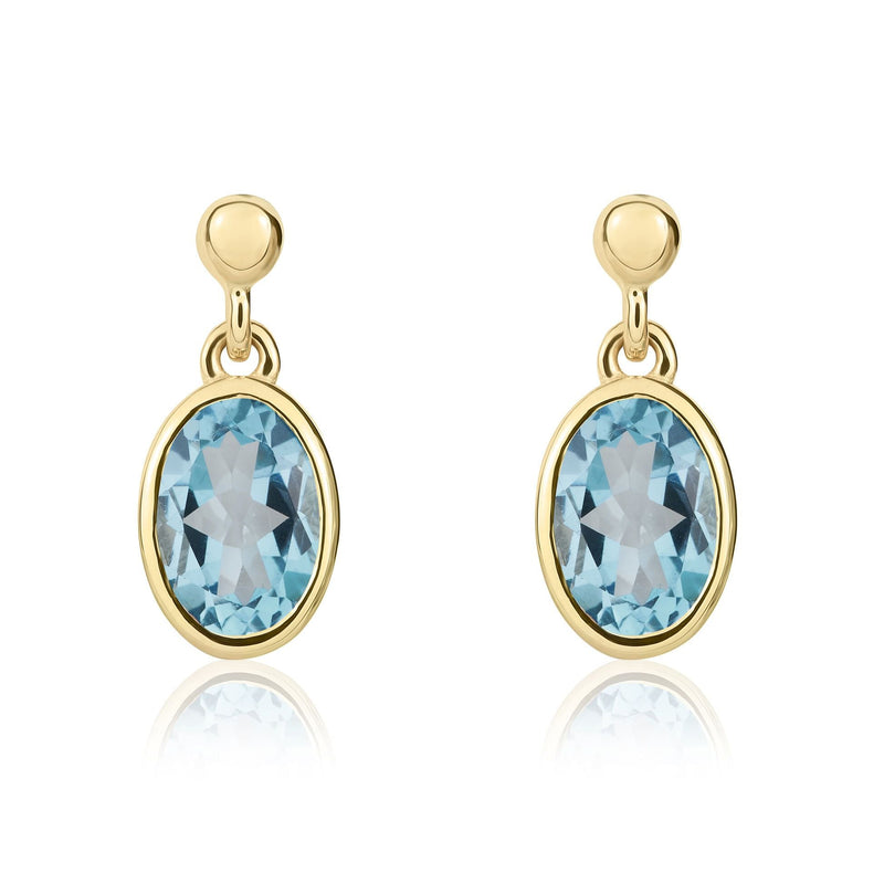9ct Yellow Gold Oval Natural Swiss Blue Topaz Rubover Drop Earrings — 7x5mm
