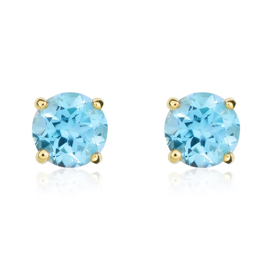 9ct Yellow Gold Round Natural Swiss Blue Topaz Claw Set Stud Earrings — 5mm