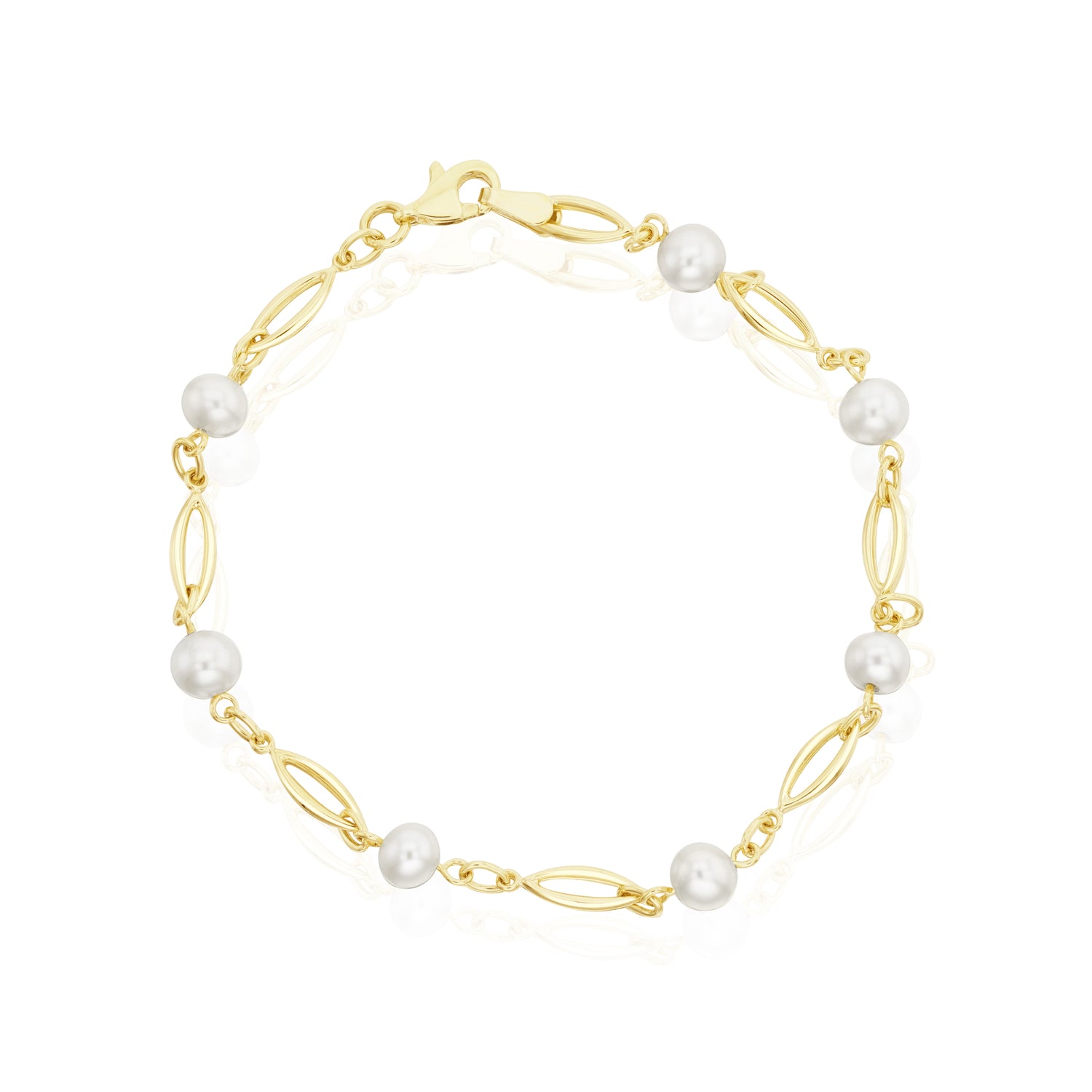 9ct Yellow Gold Open Marquise Link and Freshwater Pearl Bracelet — 20cm