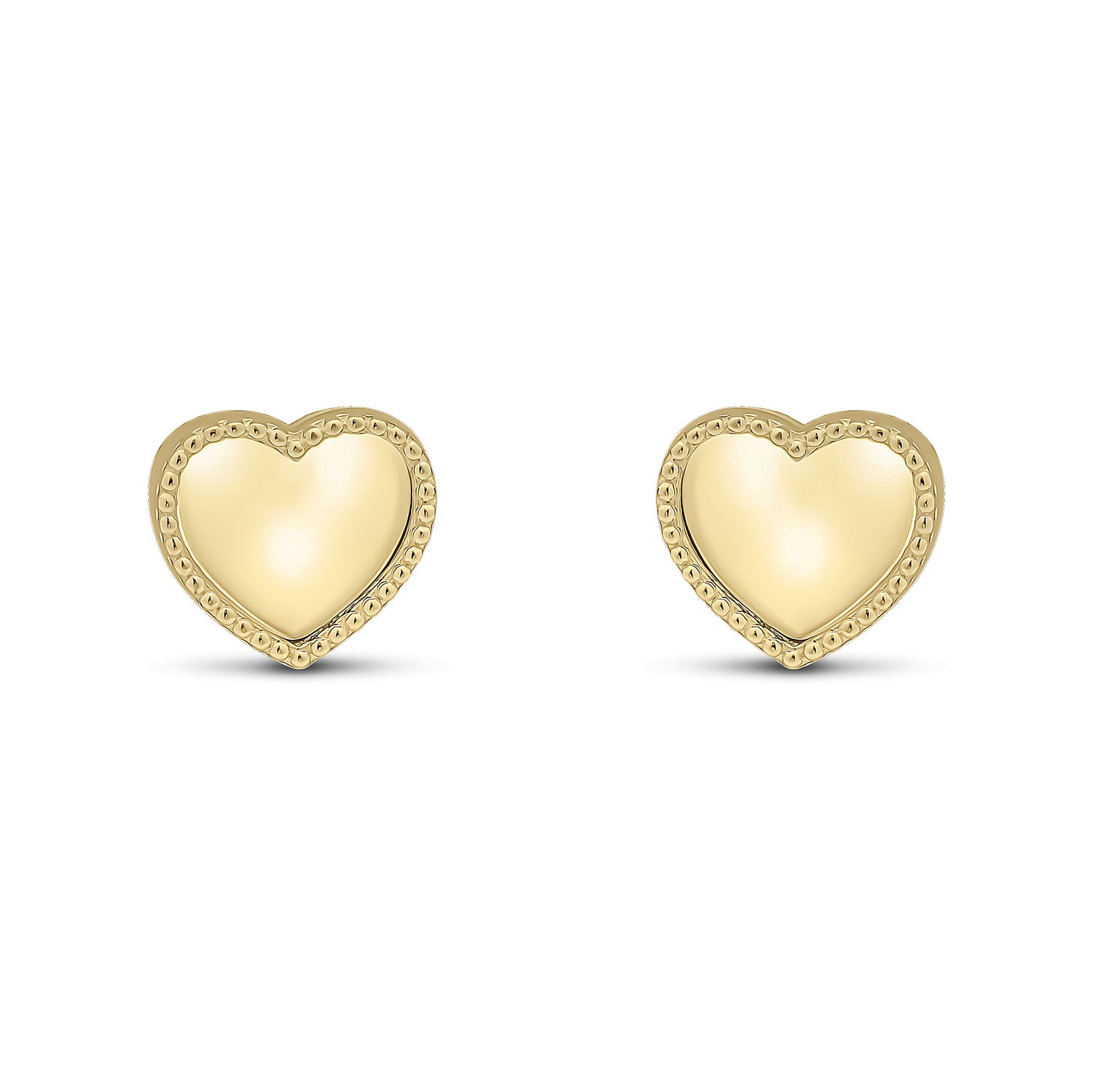 9ct Yellow Gold Beaded Edge Heart Stud Earrings -- 9x8mm