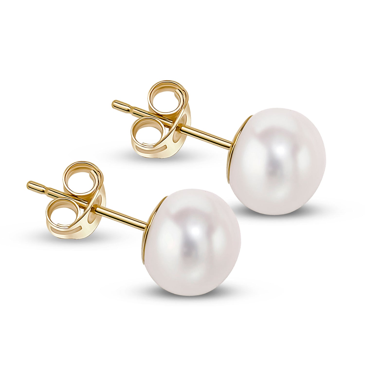 9ct Yellow Gold Freshwater Button Natural Pearl Stud Earrings — 7-7.5mm