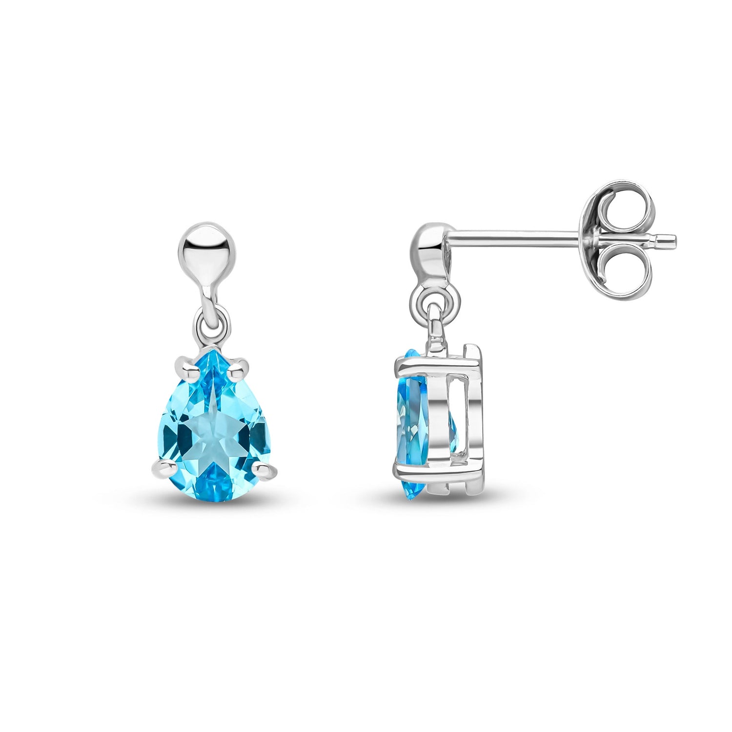 9ct White Gold Pear Shaped Natural Swiss Blue Topaz Claw Drop Earrings with Bead Tops — 7x5mm
