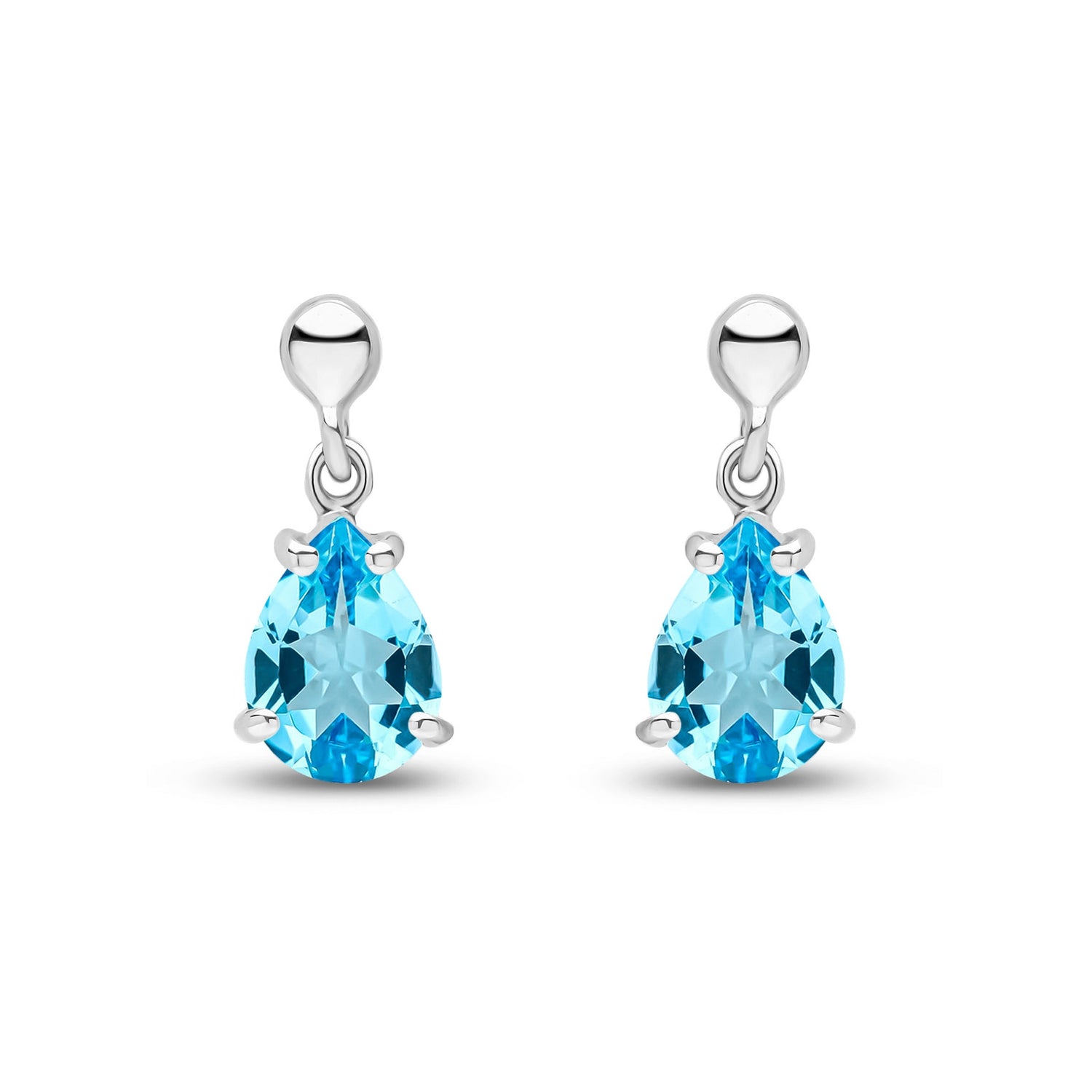 9ct White Gold Pear Shaped Natural Swiss Blue Topaz Claw Drop Earrings with Bead Tops — 7x5mm