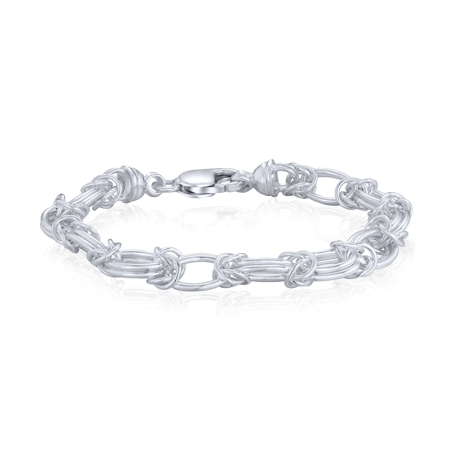 Sterling Silver Handmade Solid 8.5mm Double Oval Byzantine Bracelet with Lobster Clasp