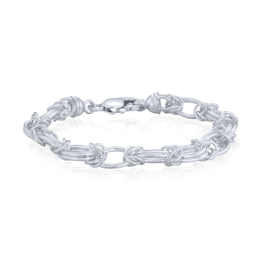 Sterling Silver Handmade Solid 8.5mm Double Oval Byzantine Bracelet with Lobster Clasp
