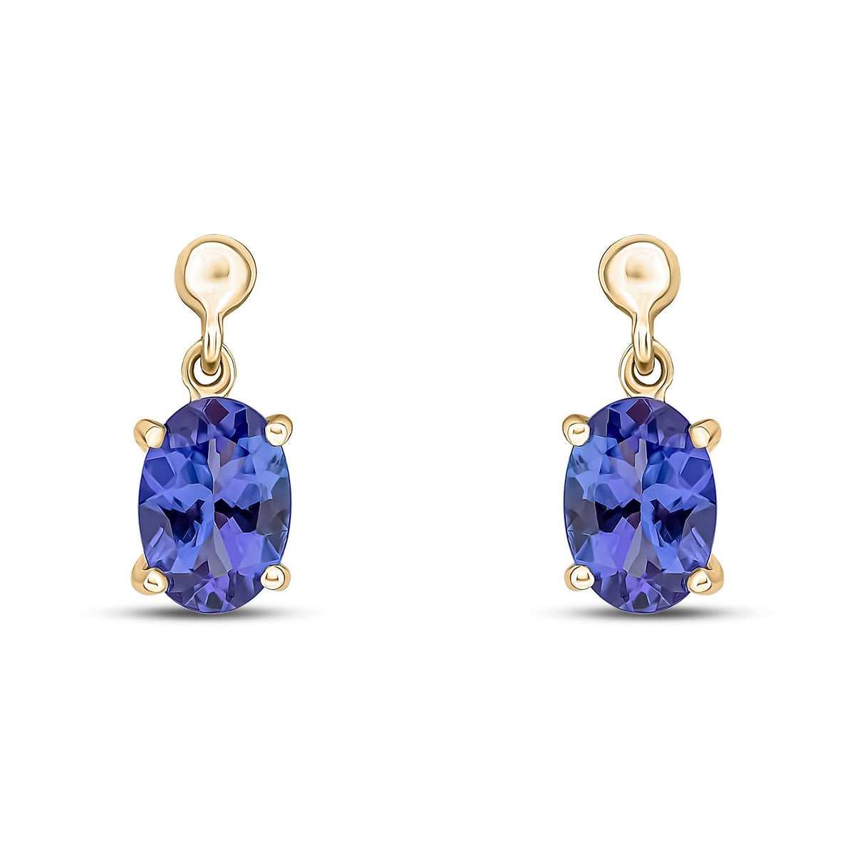 9ct Yellow Gold Oval Natural Tanzanite Claw Drop Earrings — 7x5mm