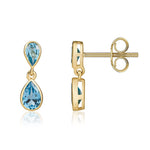 9ct Yellow Gold Pear Shaped Natural Swiss Blue Topaz Two Stone Rubover Drop Earrings