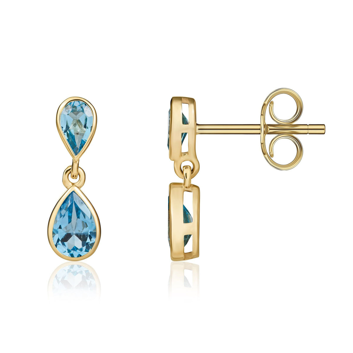 9ct Yellow Gold Pear Shaped Natural Swiss Blue Topaz Two Stone Rubover Drop Earrings