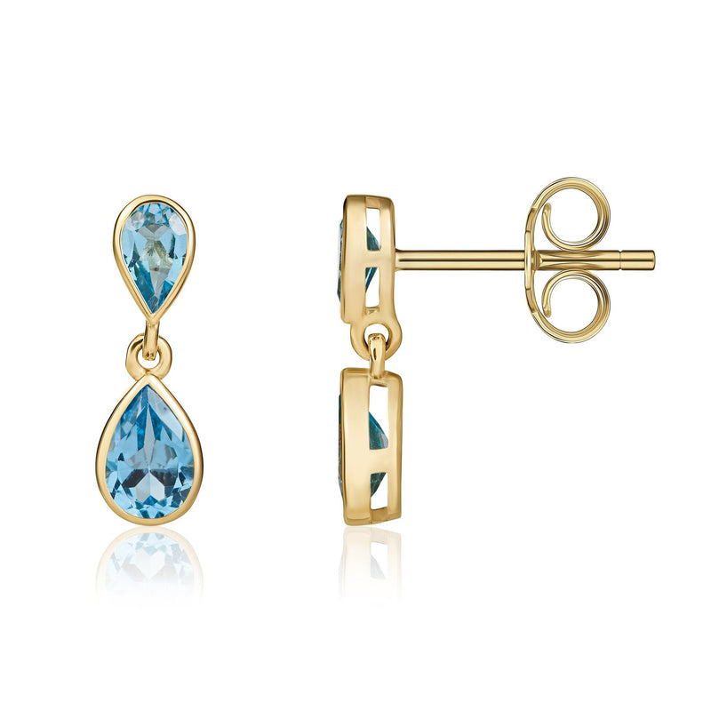 9ct Yellow Gold Pear Shaped Natural Swiss Blue Topaz Two Stone Rubover Drop Earrings