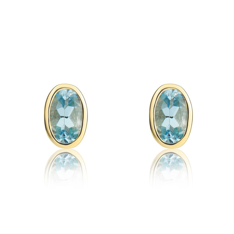 9ct Yellow Gold Oval Natural Aquamarine Rubover Stud Earrings — 5x3mm