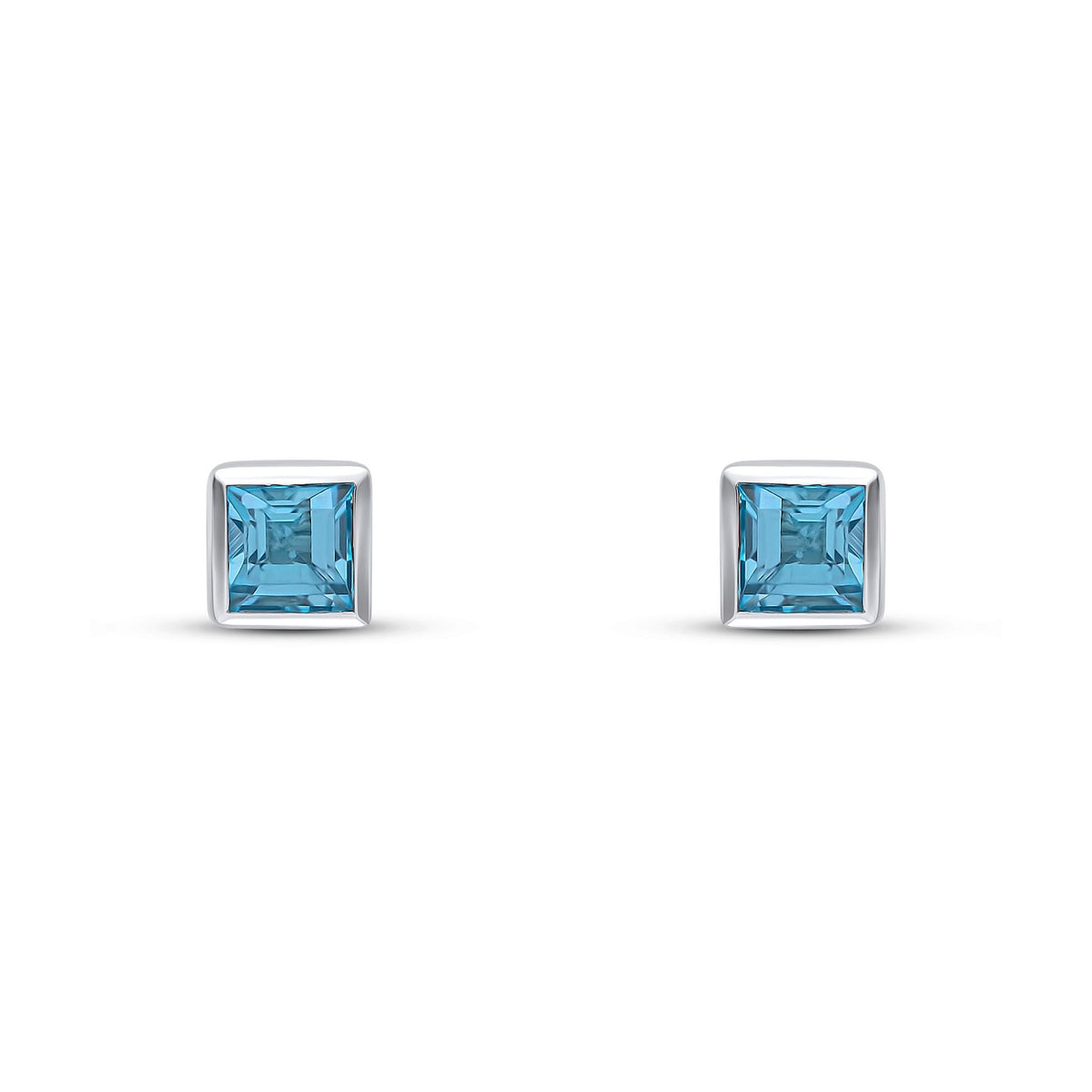 9ct White Gold Square Natural Swiss Blue Topaz Rubover Stud Earrings — 3mm