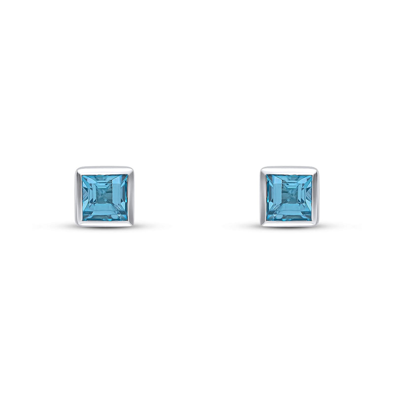 9ct White Gold Square Natural Swiss Blue Topaz Rubover Stud Earrings — 3mm