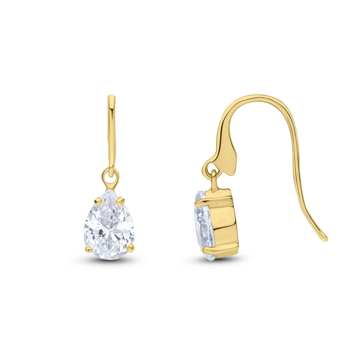 9ct Yellow Gold Pear Shaped Cubic Zirconia CZ Claw Wire Hook Drop Earrings