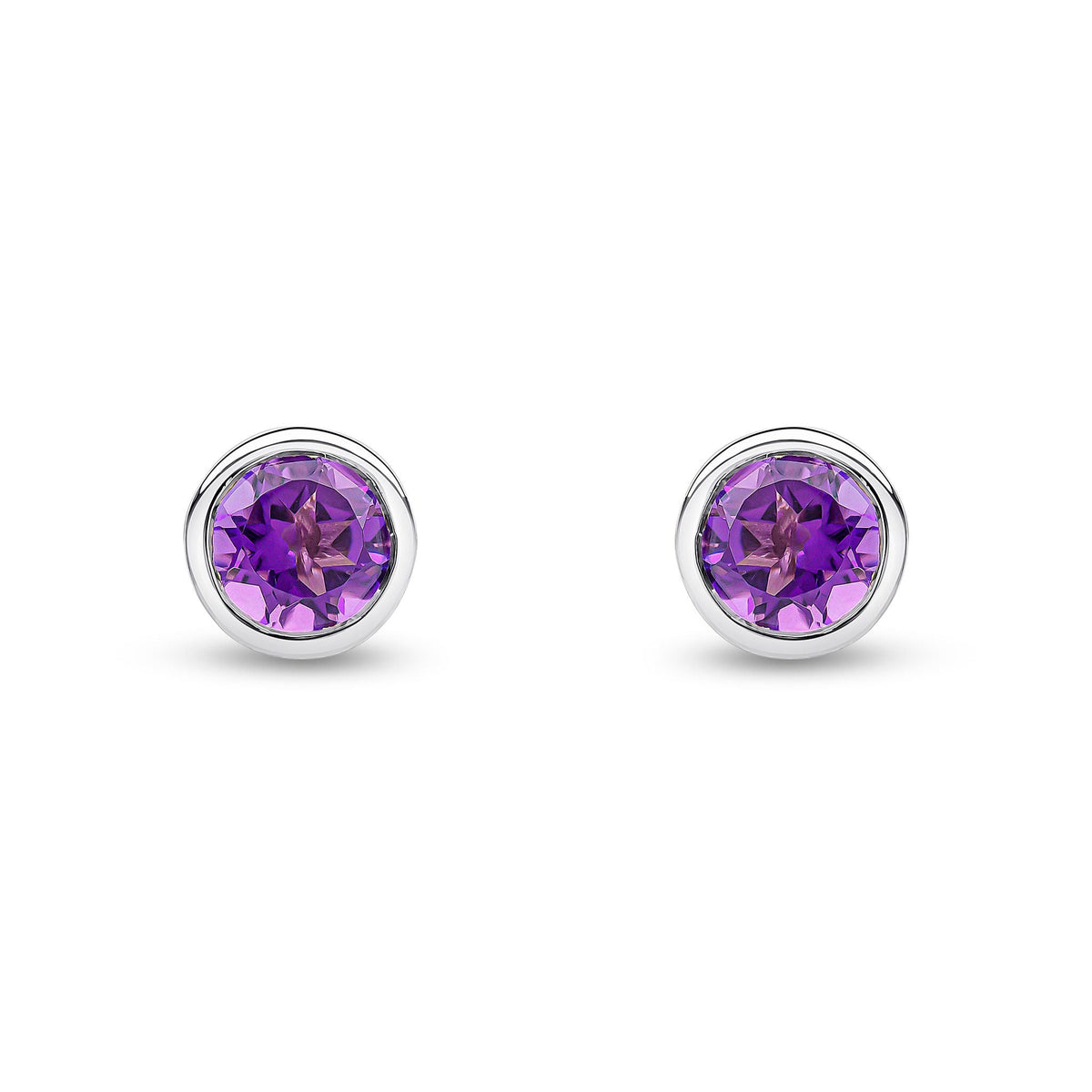 9ct White Gold Round Natural Amethyst Rubover Stud Earrings — 6mm