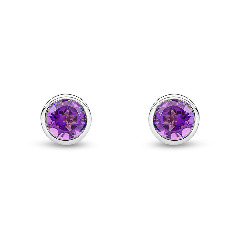 9ct White Gold Round Natural Amethyst Rubover Stud Earrings — 6mm